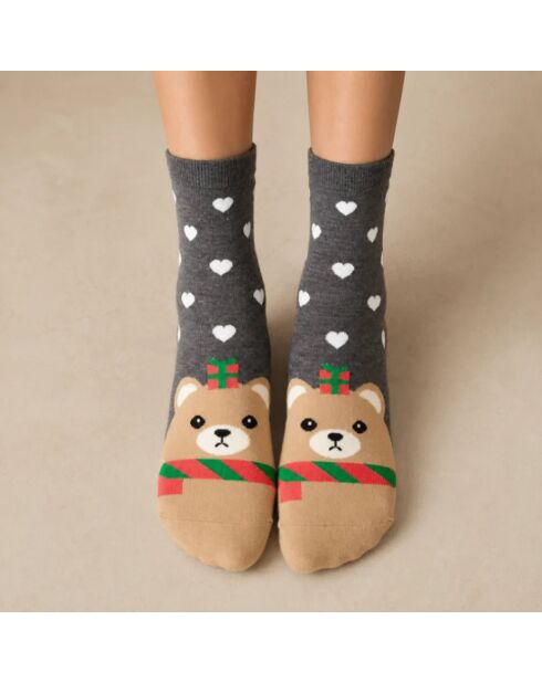 Hohe Socken mit Weihnachtsmotiv, Grau