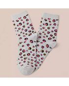 Chaussettes Hautes Coeur Léopard & Lurex - Blanc