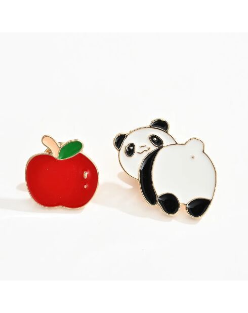 Lot de 2 pin's Panda et Pomme - Multicolore