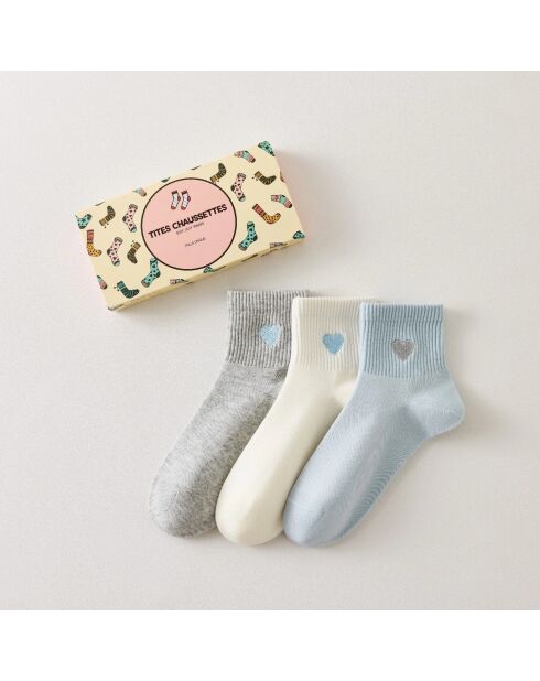 Lot de 3 Chaussettes Coeur Bleu - Multicolore