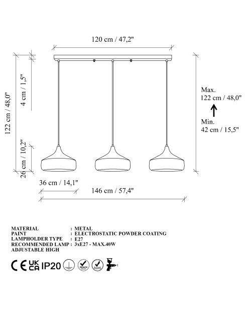 Yildo hanglamp - L-253 zwart - 146x36x122 cm