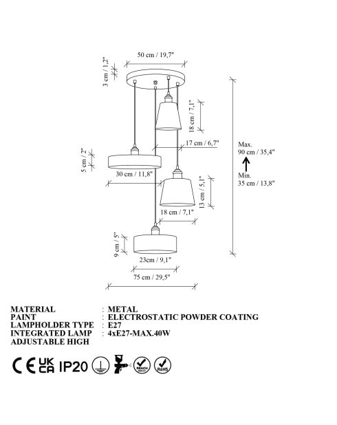Novella meerkleurige hanglamp - H.35-90 cm