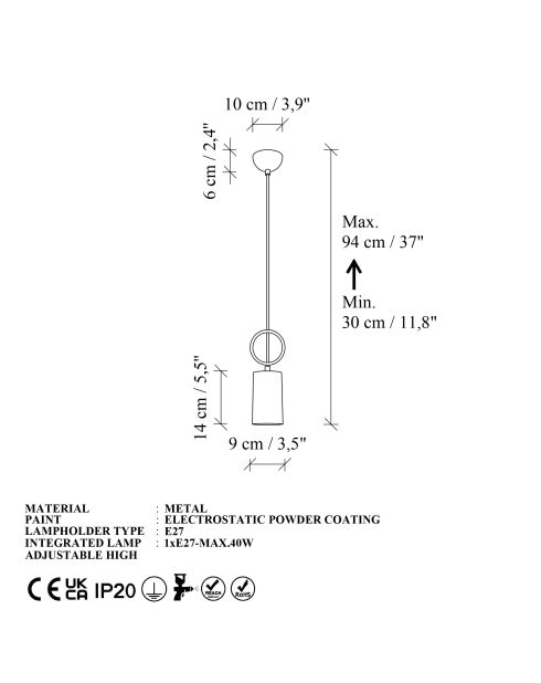 Suspension Ringa grise - 9x9x94 cm