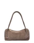 Schultertasche aus taupefarbenem Veloursleder - 14x35x6 cm