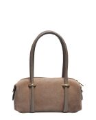 Sac porté épaule en cuir suédé taupe - 12x25x9 cm