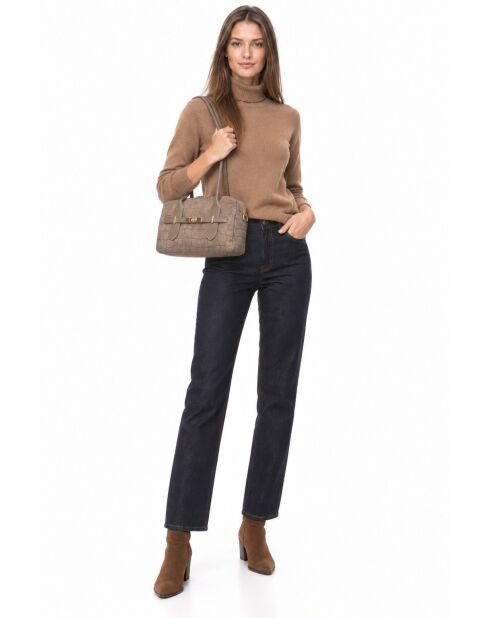Schultertasche aus taupefarbenem Veloursleder - 17x27x7 cm