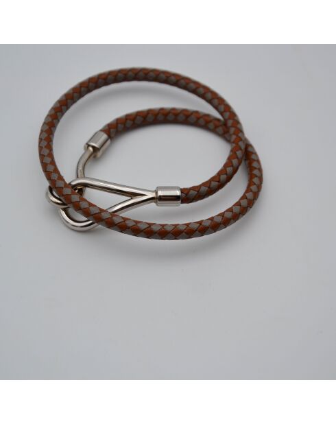 Bracelet Jumbo Vintage Cuir Tressé gris et marron - L: 19 cm