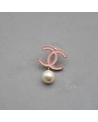 Boucles d'Oreilles CC Émail Rose & Perle Pendante