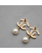 Boucles d'Oreilles CC Émail Rose & Perle Pendante