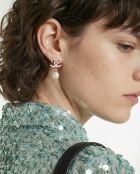 Boucles d'Oreilles CC Émail Rose & Perle Pendante
