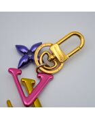 Porte-clés LV Initials & Fleur Monogram doré et rose - 10 x 3,5 cm