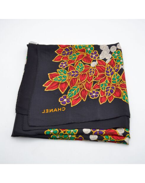 Foulard Grand Châle Imprimé Fleurs & Perles noir - 135 x 135 cm