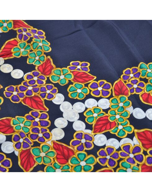 Foulard Grand Châle Imprimé Fleurs & Perles noir - 135 x 135 cm
