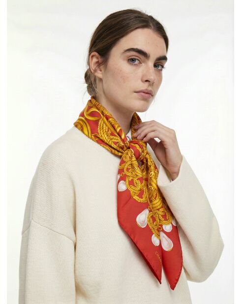 Foulard vintage Chaînes & Perles rouge - 98 x 98 cm