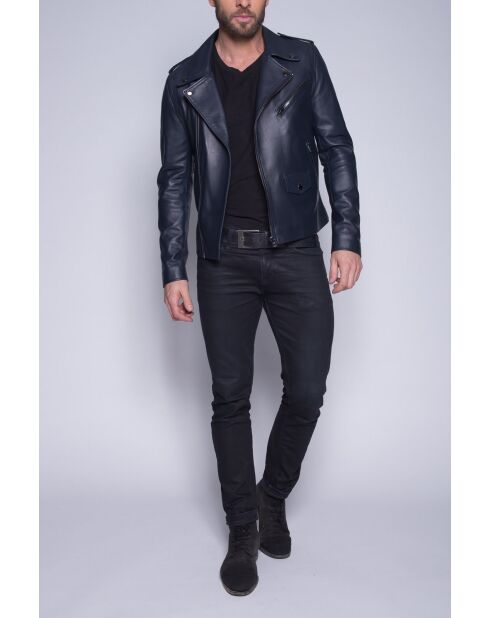 Donkerblauwe leren jas Scaro Waxy
