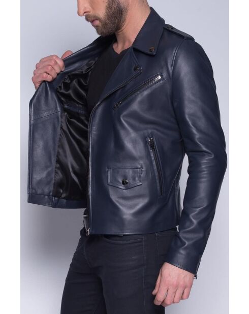 Donkerblauwe leren jas Scaro Waxy