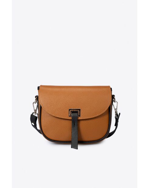 Sac bandoulière en cuir de veau grainé Bela cognac/noir - 20 x 16 x 7 cm