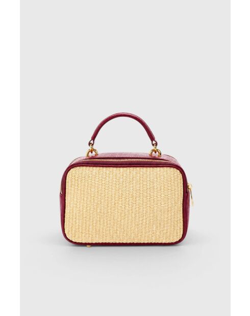 Sac à main en cuir de veau grainé et raphia Cecilia bordeaux - 22 x 16 x 11 cm