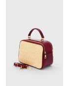 Borsa a mano Cecilia in pelle di vitello martellata bordeaux e rafia - 22 x 16 x 11 cm
