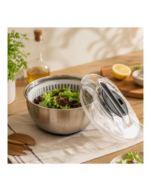 Essoreuse à salade à piston avec saladier en inox grise - D.28,5x17,5 cm