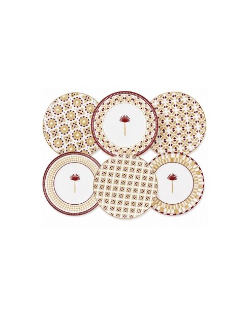 Lot de 6 petites assiettes en porcelaine Sabela beige/bordeaux - D.20x2 cm