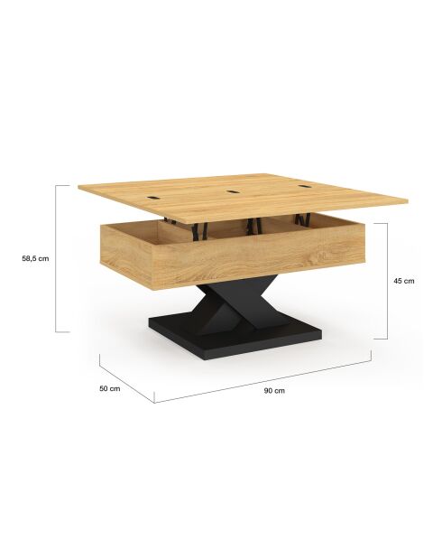 Table basse Alexia plateau relevable dépliant pied noir/bois - 90x50x45 -58.5 cm