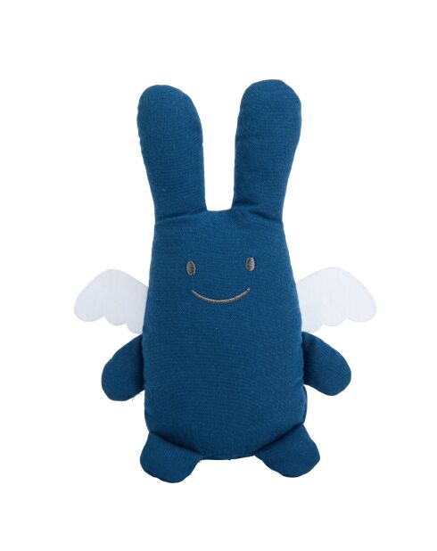 Doudou en coton avec hochet Ange Lapin bleu denim - 18 x 3,5 x 17 cm