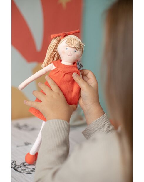 Poupée en robe coton Corail orange - 18 x 3 x 30 cm