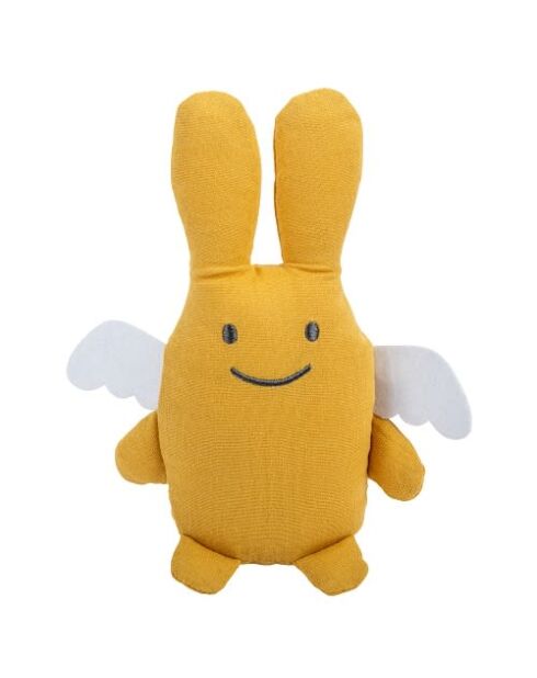 Doudou en coton avec hochet Ange Lapin jaune - 18 x 3,5 x 17 cm