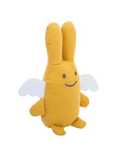 Doudou en coton avec hochet Ange Lapin jaune - 18 x 3,5 x 17 cm