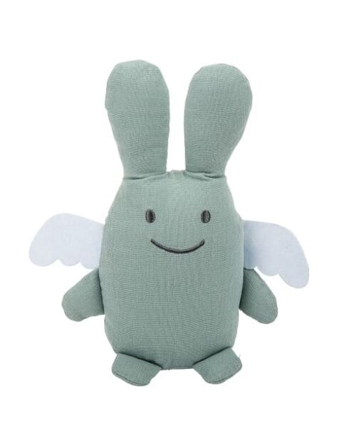 Doudou en coton avec hochet Ange Lapin vert - 18 x 3,5 x 17 cm