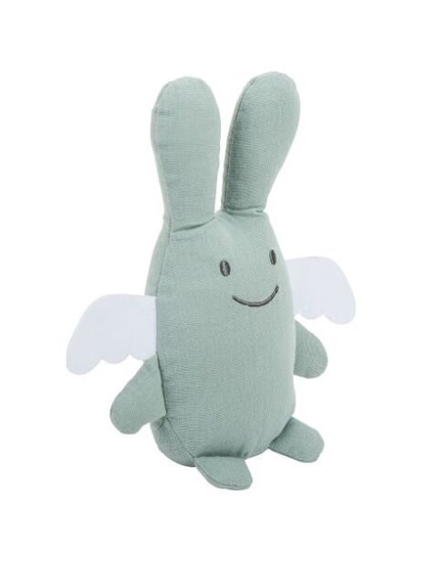 Doudou en coton avec hochet Ange Lapin vert - 18 x 3,5 x 17 cm