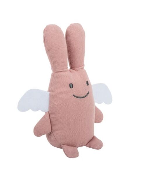 Doudou en coton avec hochet Ange Lapin rose - 18 x 3,5 x 17 cm