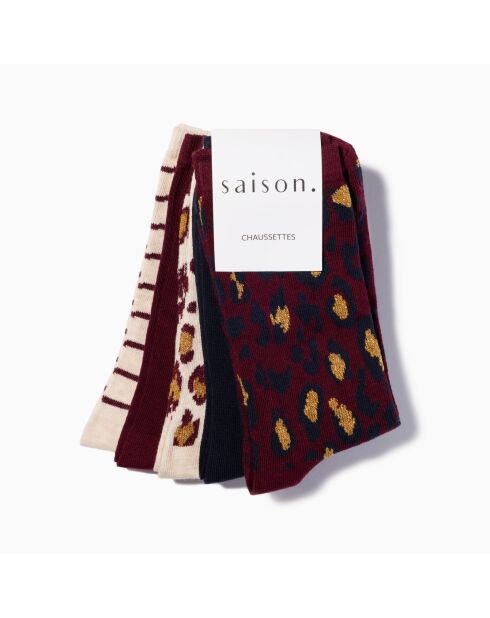 Lot de 5 chaussettes hautes en coton Léopard bordeaux multicolore