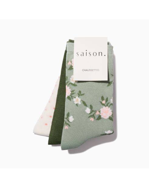 Lot de 3 chaussettes hautes en coton À fleurs vertes multicolore