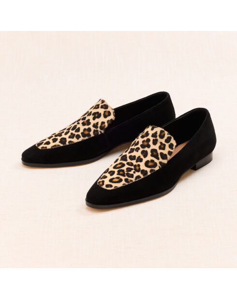 Mocassins en cuir suédé Giulia noirs & léopard