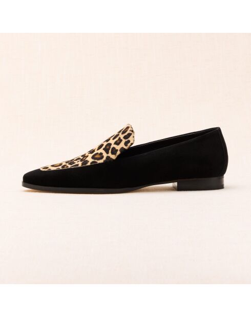 Mocassins en cuir suédé Giulia noirs & léopard