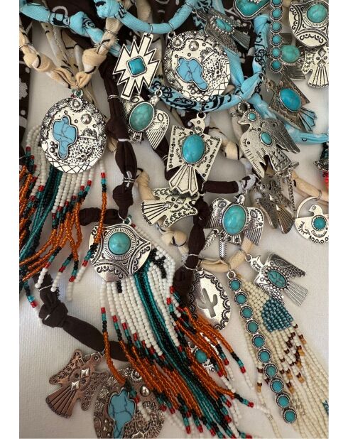 Collier en coton Apache perles bleu ciel
