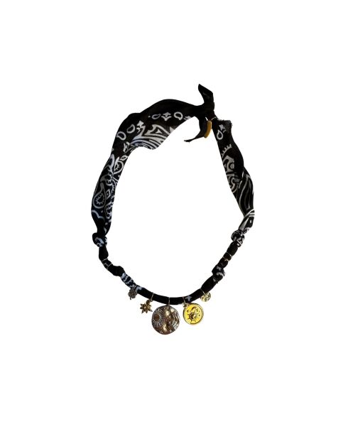 Schwarze Baumwollhalskette mit Sonne und Mond in Gold und Silber
