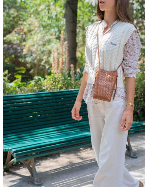 Sac bandoulière en cuir Clover camel - 14 x 21 x 3,5 cm