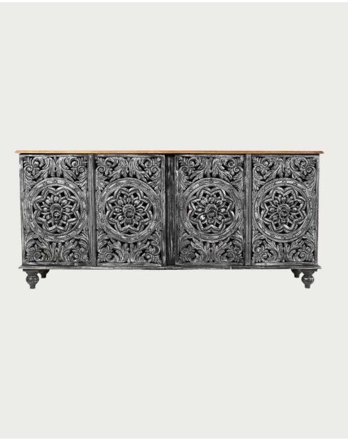 Lotus - Grande credenza nera laccata in legno massello di mango intagliato 180 cm