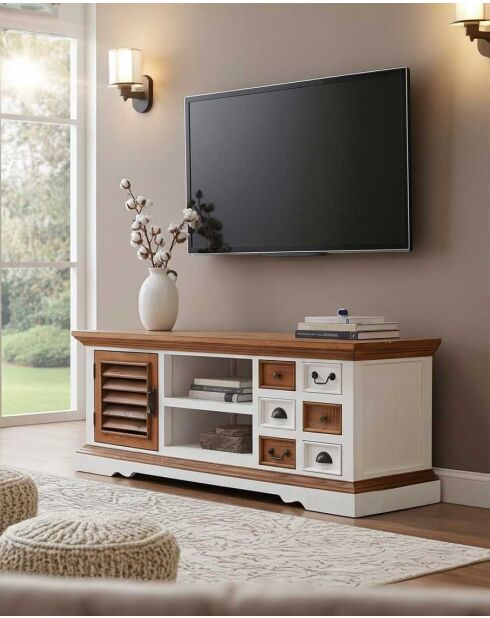 Meuble TV en bois massif de Sungkai blanc et naturel Inda - 140 x 45 x 55 cm