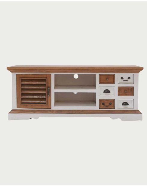 Meuble TV en bois massif de Sungkai blanc et naturel Inda - 140 x 45 x 55 cm