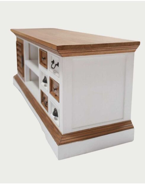 Inda - Sungkai massief houten tv-meubel van 140 cm, wit en naturel