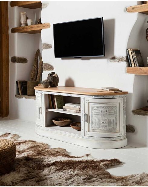 Meuble TV en manguier massif sculpté Argo blanc - 150 x 40 x 65 cm