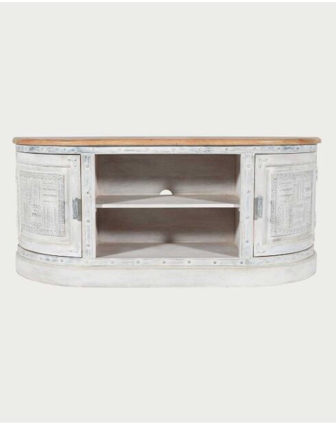 Meuble TV en manguier massif sculpté Argo blanc - 150 x 40 x 65 cm