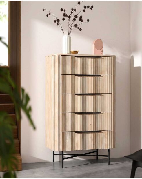 Commode haute 5 tiroirs en bois de manguier naturel et métal noir Retro - 90 x 40 x 125 cm