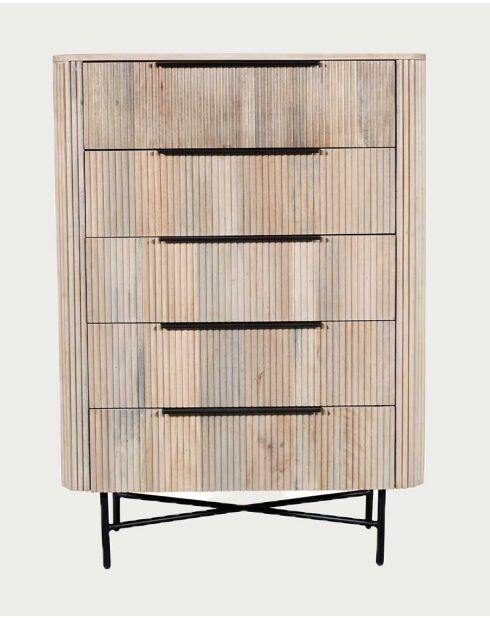 Commode haute 5 tiroirs en bois de manguier naturel et métal noir Retro - 90 x 40 x 125 cm