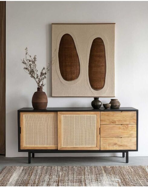 Grande credenza in legno, canna e metallo nero Noma - 160 x 43 x 76 cm