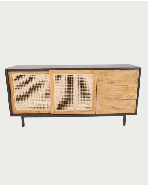Grande credenza in legno, canna e metallo nero Noma - 160 x 43 x 76 cm